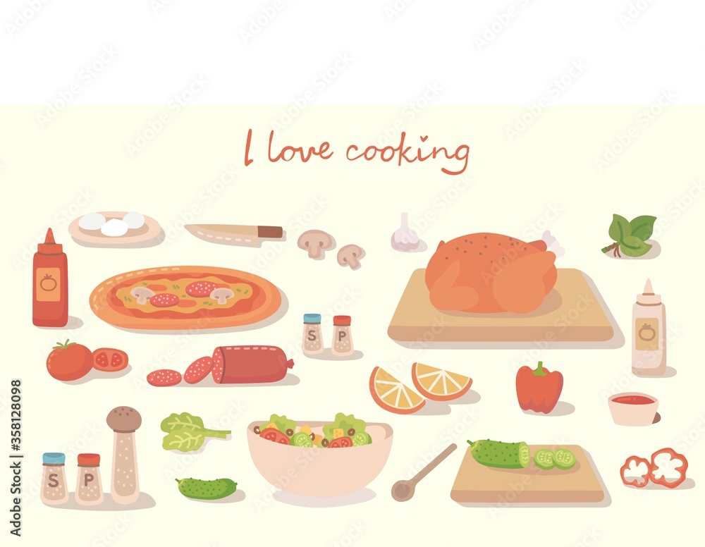 I love cocking a tasty pizza, a cake, a sushi and a salad with kitchen utensils, ingredients. Vector illustration in flat style