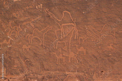 petroglyphs and stone inscriptions by prehistoric nomads, Wadi rum Jordan