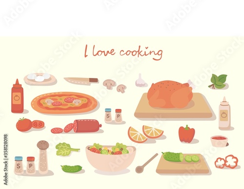 I love cocking a tasty pizza, a cake, a sushi and a salad with kitchen utensils, ingredients. Vector illustration in flat style