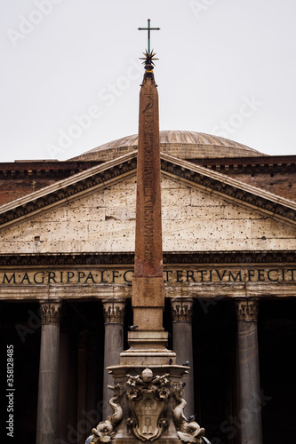Raw facade of the Pantheon with its Obelisk in Rome