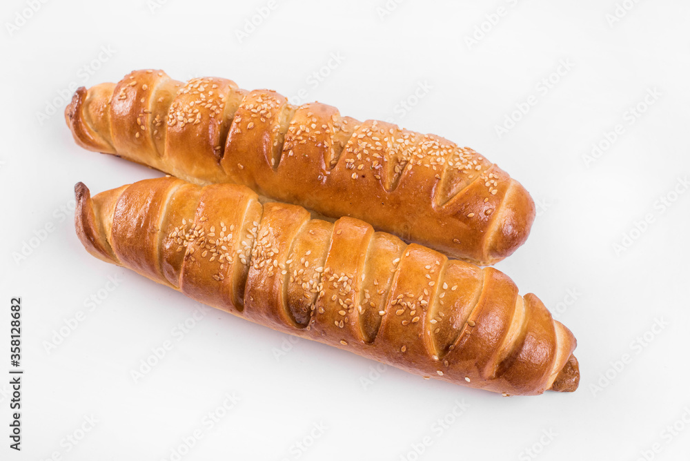 Baking a fresh bun filled with meat isolated on white background Baking a fresh bun filled with meat isolated on white background