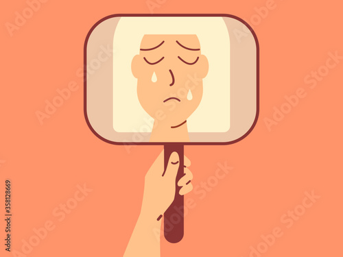 Sad and discouraged crying female character looking in the mirror. Selfcare vector concept. 