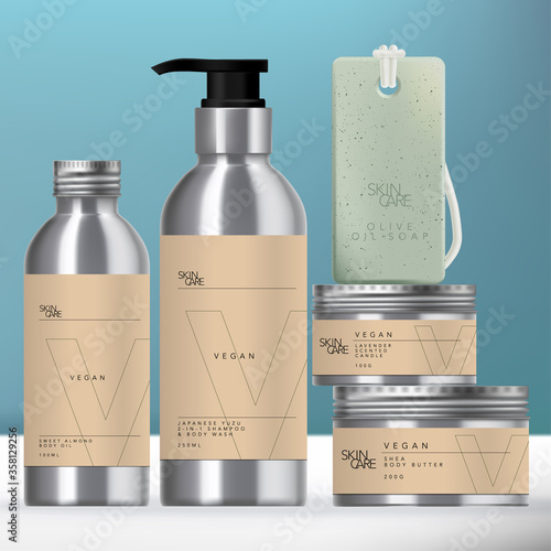 Vector Aluminum Beverage or Beauty Packaging Set with Screw Cap Pump Bottle, Jar & Soap on Rope.