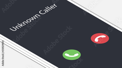 Unknown caller. Isometric vector illustration. White smartphone interface with two icons accept or reject a call