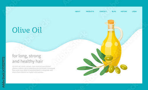 Olive oil, hair natural cosmetics, bottle and branch plant essence, vector banner. Organic skincare product, shampoo or hair mask ingredient. Oily substance for strong and silky hairs illustration