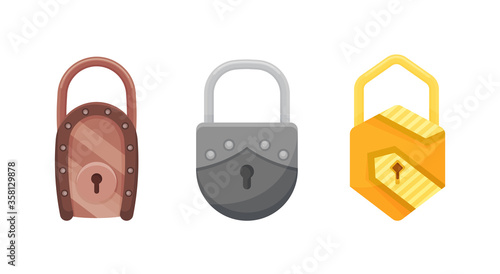 Padlocks. Flat padlock icons for protection privacy, web and mobile apps. Cartoon closed locks. Design template of golden, steel and bronze locks