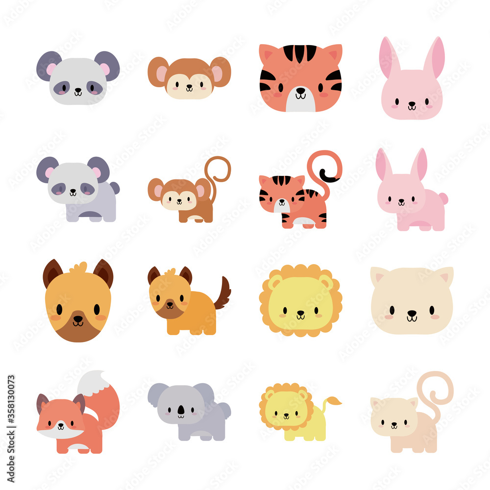 set of icons animals baby kawaii, flat style icon