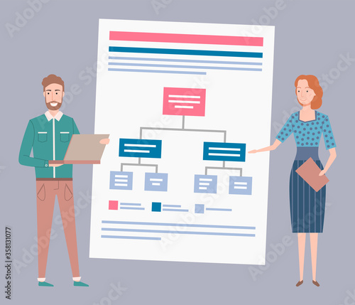 Scheme or graphic, office workers, man and woman vector. Laptop and notepad, business presentation or infographic, algorythm on paper sheet, document