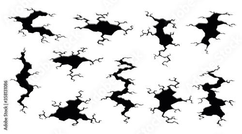 Earthquake cracks. Hole in ground with cracking and earth destruction cracks isolated vector cartoon. Damage breaks surface set isolated on white