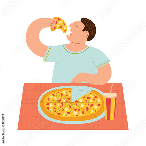 Man eating pizza and drinking soda water cartoon style. Delicious meal at restaurant or cafe.