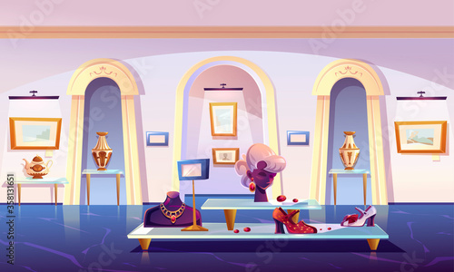 Museum installation, luxury items exhibition gold jewelry necklace and earrings with ruby gemstones on mannequin, female shoes, teapot and elegant vase, pictures in canvas, cartoon vector illustration