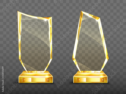Golden award glass trophy with sparkling edges isolated on transparent background. Acrylic plexiglass shiny prize for victory in business, sport competition design element Realistic 3d vector clip art