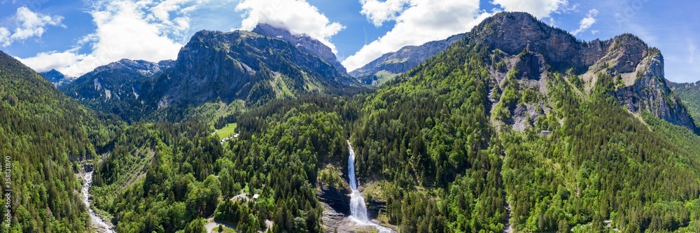Aerial panoramic view of Cascade du Rouget (Rouget Waterfalls) in Sixt-fer-a-cheval in Haute-Savoie France