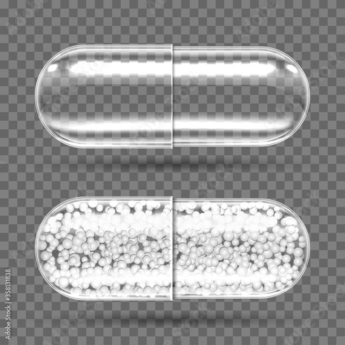 Transparent capsules empty and with granulated filler. Oval medicine pills painkiller, antibiotics, vitamin, amino acid, mineral, bio active additive, realistic 3d vector sports nutrition, medicament