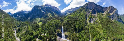 Aerial panoramic view of Cascade du Rouget (Rouget Waterfalls) in Sixt-fer-a-cheval in Haute-Savoie France photo