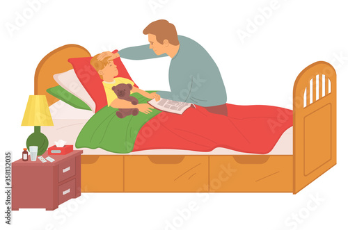 Father caring of ill son, child lying in bed with toy, unwell child, father checking temperature of boy, wooden nightstand with lamp and medicines vector photo