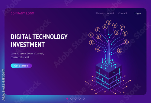 Digital technology investment isometric landing page. Business profit growth concept, returns on investment with money tree, currency and cryptocurrency coins on circuit branches, 3d vector web banner