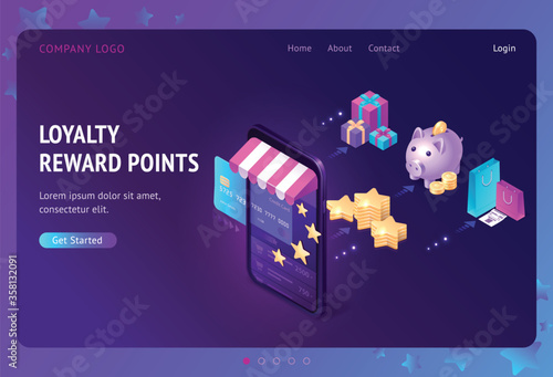 Loyalty program with bonus points isometric landing page. Service application for online shopping, credit card in store smartphone, gift boxes, bags, piggy bank and golden stars, 3d vector web banner