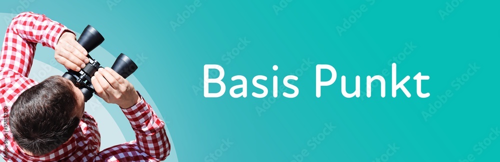 Naklejka premium Basis Punkt. Mann mit Fernglas aus Vogelperspektive. Beobachtung, Draufsicht, Panorama. Business Text auf blau. Statistik, Wirtschaft