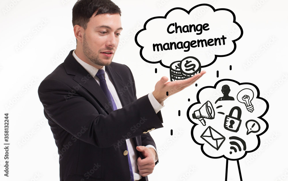Business, technology, internet and network concept. Young businessman thinks over the steps for successful growth: Change management Business, technology, internet and network concept. Young businessman thinks over the steps for successful growth: Change management