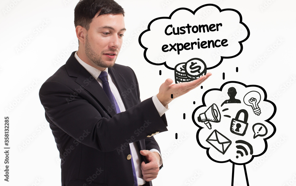 Business, technology, internet and network concept. Young businessman thinks over the steps for successful growth: Customer experience Business, technology, internet and network concept. Young businessman thinks over the steps for successful growth: Customer experience