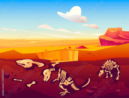 Fossil dinosaurs excavation, paleontology and archeology works. Vector cartoon illustration of desert landscape with buried skeletons of prehistoric reptiles underground
