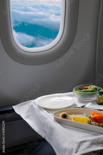 Tasty meal served on board of airplane