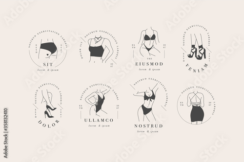 Vector design linear template logos or emblems - graceful faceless lady. Female logos for lingerie or clothes.