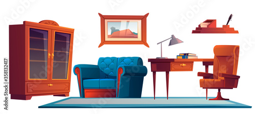 Luxury office in classic antique style. Wooden solid furniture secretaire table, leather armchair and couch, lamp, bookcase, picture on wall isolated on white background, Cartoon vector illustration