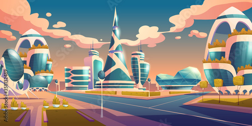 Future city, futuristic glass buildings of unusual shapes and green plants along empty road. Modern architecture towers and skyscrapers. Alien urban dwellings design, Cartoon vector illustration