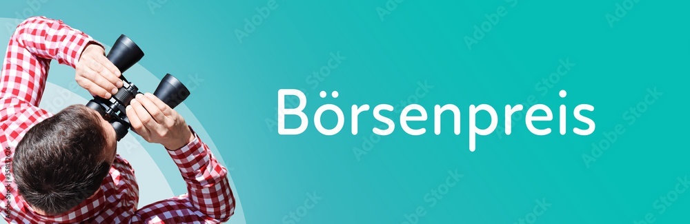 Fototapeta premium Börsenpreis. Mann mit Fernglas aus Vogelperspektive. Beobachtung, Draufsicht, Panorama. Business Text auf blau. Statistik, Wirtschaft