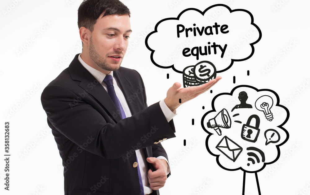 Business, technology, internet and network concept. Young businessman thinks over the steps for successful growth: Private equity Business, technology, internet and network concept. Young businessman thinks over the steps for successful growth: Private equity