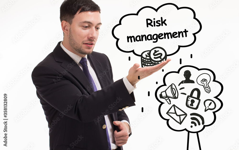 Business, technology, internet and network concept. Young businessman thinks over the steps for successful growth: Risk management Business, technology, internet and network concept. Young businessman thinks over the steps for successful growth: Risk management