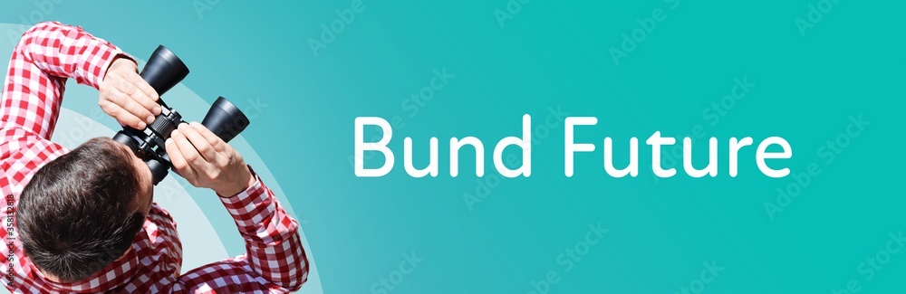 Fototapeta premium Bund Future. Mann mit Fernglas aus Vogelperspektive. Beobachtung, Draufsicht, Panorama. Business Text auf blau. Statistik, Wirtschaft