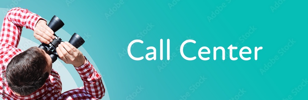Naklejka premium Call Center. Mann mit Fernglas aus Vogelperspektive. Beobachtung, Draufsicht, Panorama. Business Text auf blau. Statistik, Wirtschaft