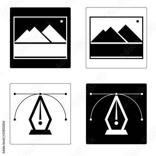 Icons set vector vs raster. Icons for representing files with vector origin and pixel(raster) origin files, like jpg format . Pen tool and image gallery icons. 
