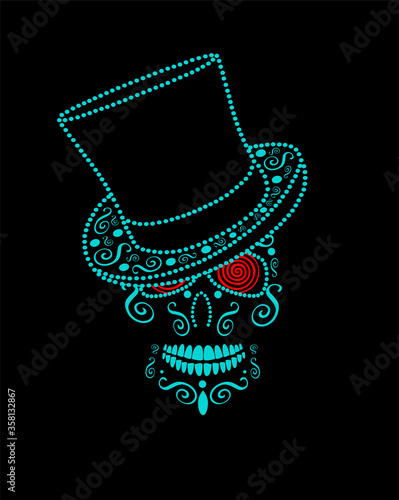 Halloween Skull neon green with cylinder hat and red hypnotic eyes, Mexican, Day of the Dead vector background