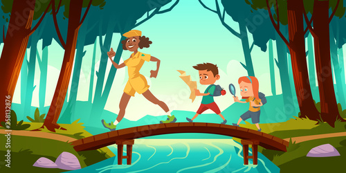 Hikers walk over bridge crossing river in forest. Vector cartoon illustration with scouts kids with map and backpacks and woman teacher in wood with trees and brook. Children hike, adventure © klyaksun