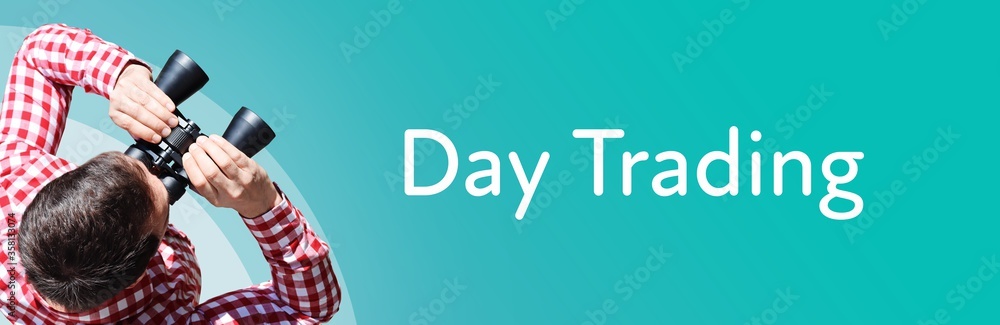 Fototapeta premium Day Trading. Mann mit Fernglas aus Vogelperspektive. Beobachtung, Draufsicht, Panorama. Business Text auf blau. Statistik, Wirtschaft