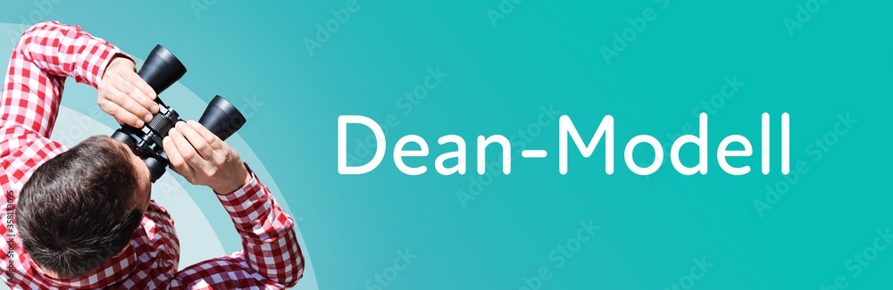 Fototapeta premium Dean-Modell. Mann mit Fernglas aus Vogelperspektive. Beobachtung, Draufsicht, Panorama. Business Text auf blau. Statistik, Wirtschaft