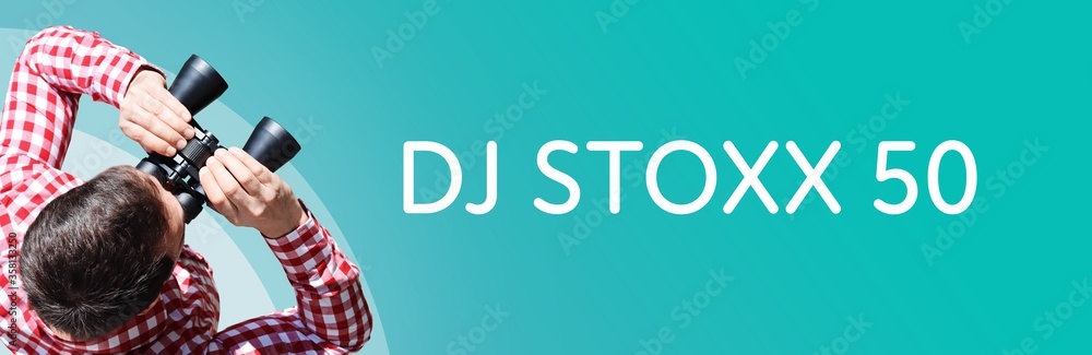 Fototapeta premium DJ STOXX 50. Mann mit Fernglas aus Vogelperspektive. Beobachtung, Draufsicht, Panorama. Business Text auf blau. Statistik, Wirtschaft