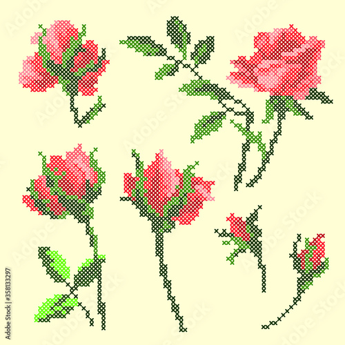 vector illustration of  cross stitch red roses