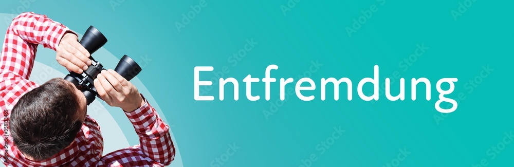 Fototapeta premium Entfremdung. Mann mit Fernglas aus Vogelperspektive. Beobachtung, Draufsicht, Panorama. Business Text auf blau. Statistik, Wirtschaft