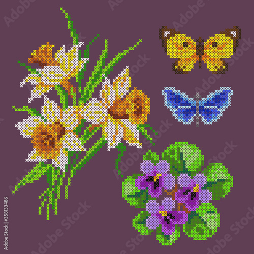 cross stitch spring flowers and butterflies