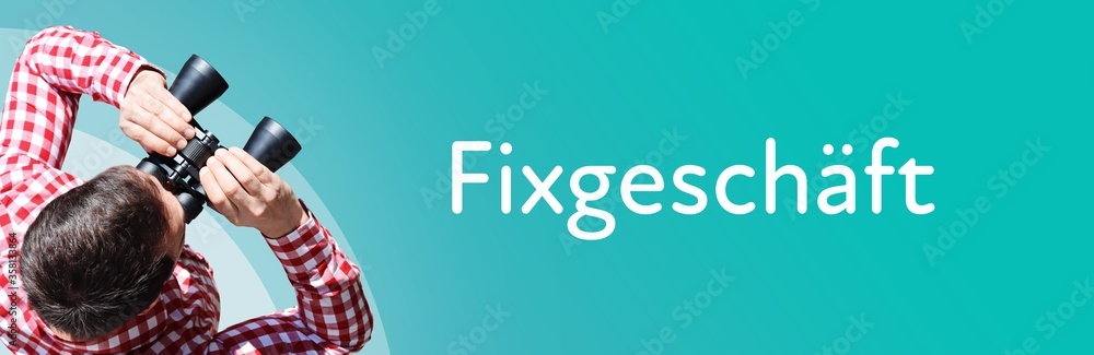 Fototapeta premium Fixgeschäft. Mann mit Fernglas aus Vogelperspektive. Beobachtung, Draufsicht, Panorama. Business Text auf blau. Statistik, Wirtschaft