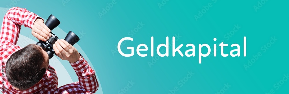 Fototapeta premium Geldkapital. Mann mit Fernglas aus Vogelperspektive. Beobachtung, Draufsicht, Panorama. Business Text auf blau. Statistik, Wirtschaft