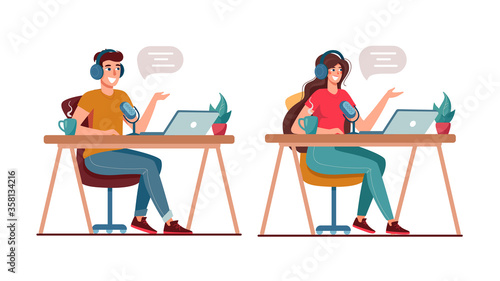 Beautiful man and woman record podcasts. Bloggers with a microphone are talking live in the studio. Vector illustration isolated on white. For web banner, infographic, landing pages.
