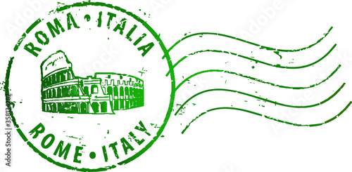Postal grunge stamp 'Rome-Italy' with the colosseum. Italian and english inscription