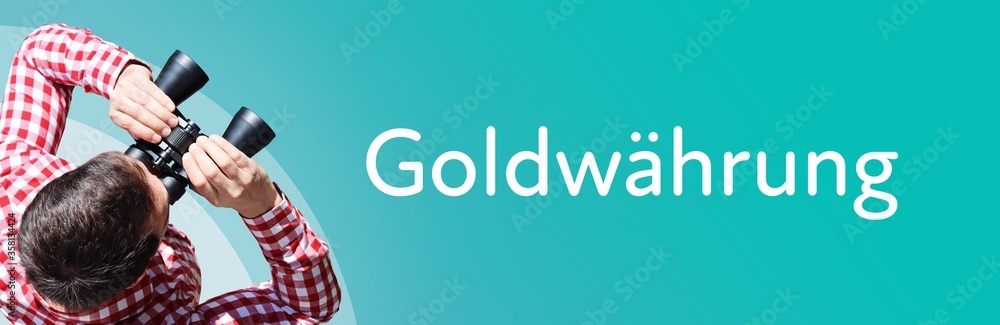 Fototapeta premium Goldwährung. Mann mit Fernglas aus Vogelperspektive. Beobachtung, Draufsicht, Panorama. Business Text auf blau. Statistik, Wirtschaft