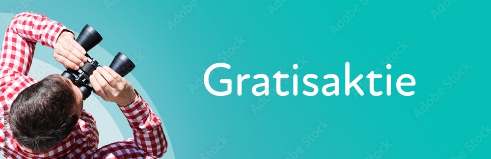 Fototapeta premium Gratisaktie. Mann mit Fernglas aus Vogelperspektive. Beobachtung, Draufsicht, Panorama. Business Text auf blau. Statistik, Wirtschaft